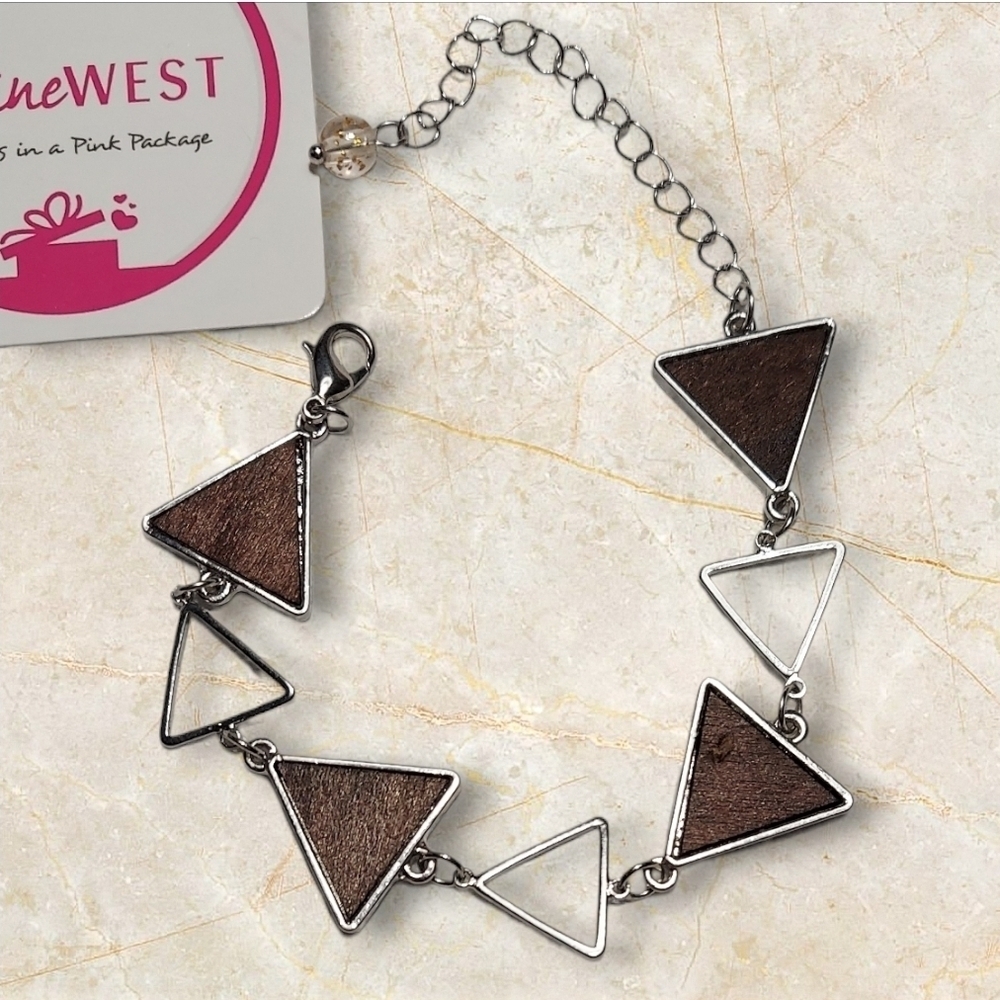 NWT NADINE WEST Wood & Silver Triangle Link Bracelet ~7" Plus Extention Chain